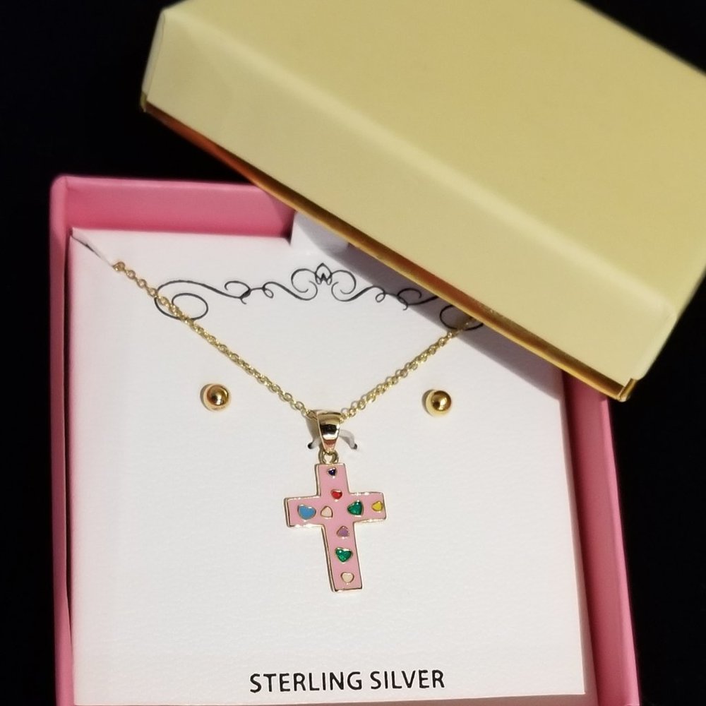 Pink Cross Sterling Silver Necklace Set New in Gift Box!
